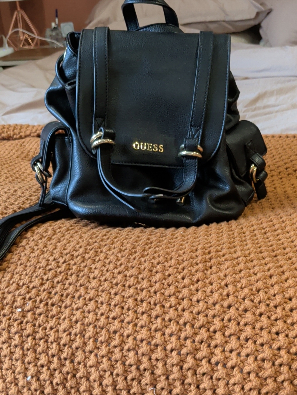 GUESS Black Faux Leather Backpack with Gold Hardware